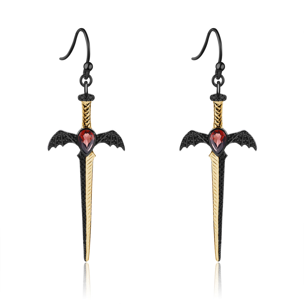 Gothic Pear Cut Natural Garnet Sword/Dagger & Bat Drop Earrings