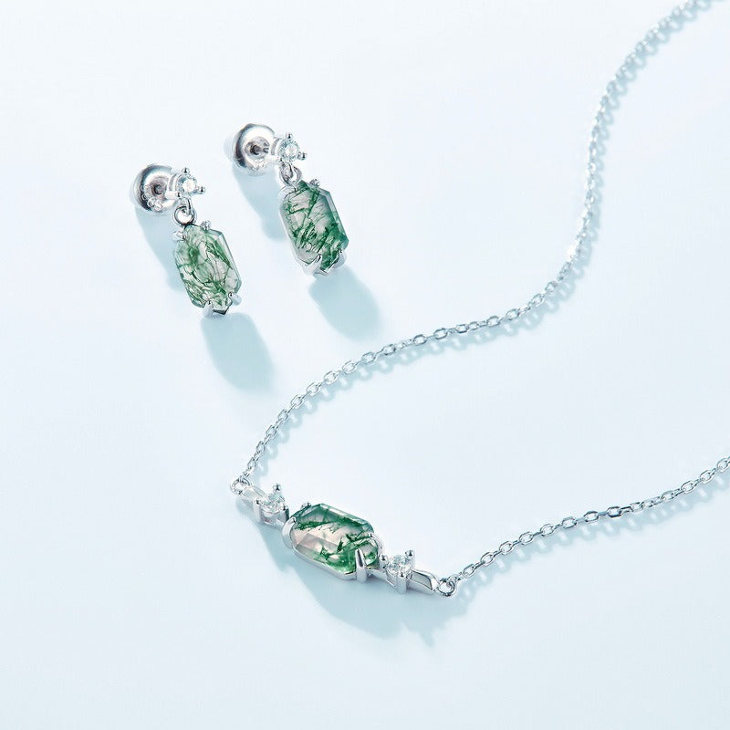 Hexagon Cut Moss Agate Classic Drop Earrings