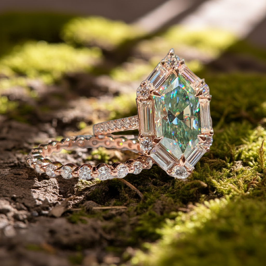 Azure Glow – Hexagon Cut Green Moissanite Baguette Halo Moissanite Engagement Ring Set