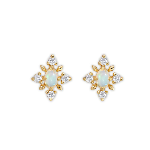 Oval Cut Natural Opal Classic Minimalist Snowflake Stud Earrings