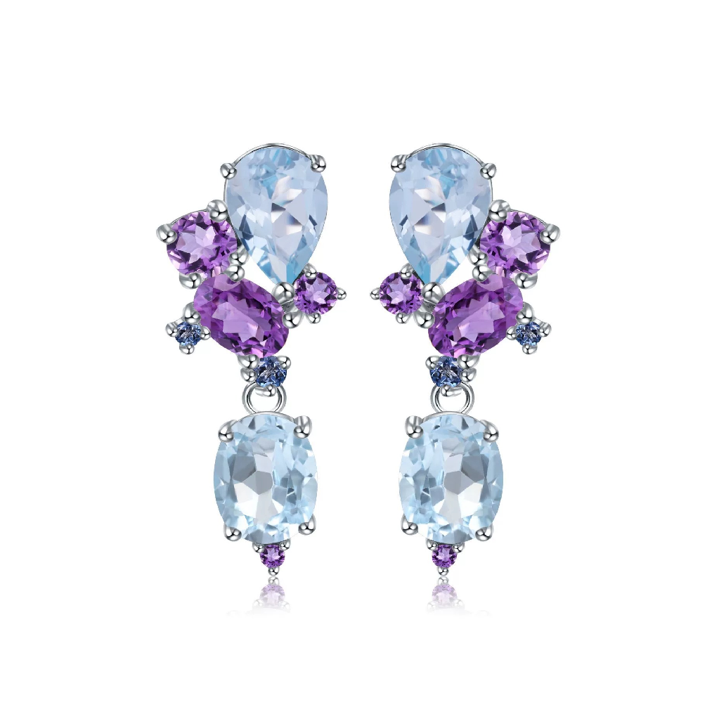 Pear & Oval Cut Natural Topaz&Amethyst Unique Drop Earrings