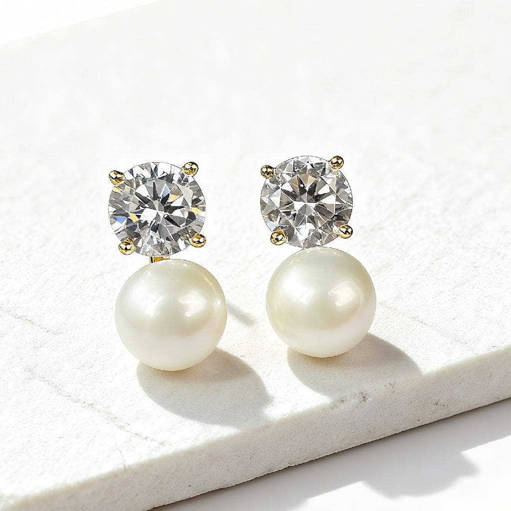 10K/14K Round Cut Zircon & Natural Pearl Classic Drop Earrings Wedding Earrings