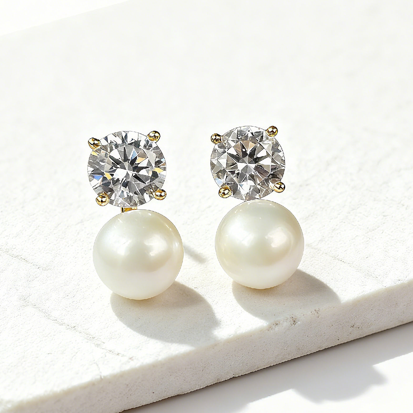 10K/14K Round Cut Zircon & Natural Pearl Classic Drop Earrings Wedding Earrings