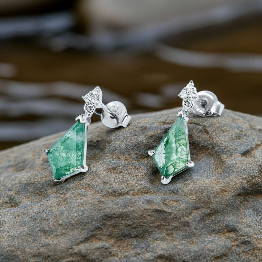 Kite Cut Moss Agate Minimalist Classic Collection Drop Earrings