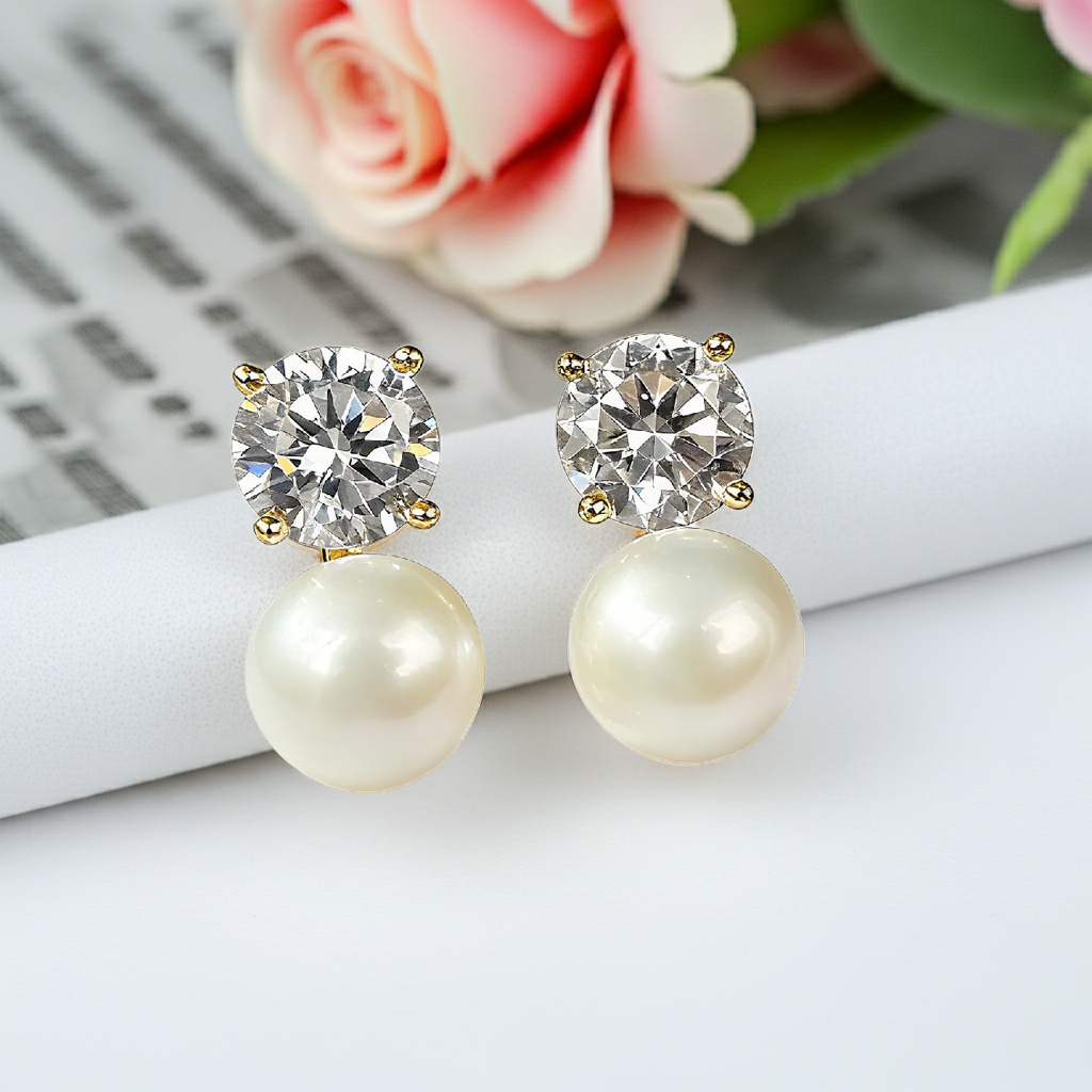 10K/14K Round Cut Zircon & Natural Pearl Classic Drop Earrings Wedding Earrings