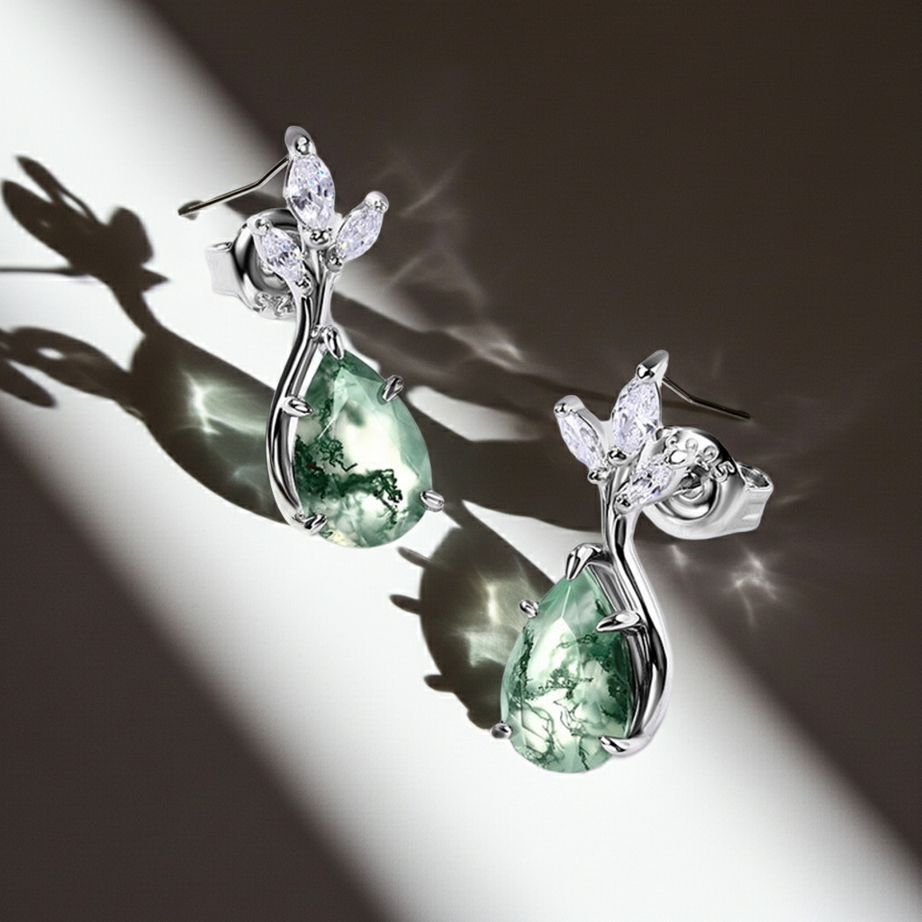 MossSpire - Boucles d'oreilles puces en agate mousse taille poire, inspirées par la nature