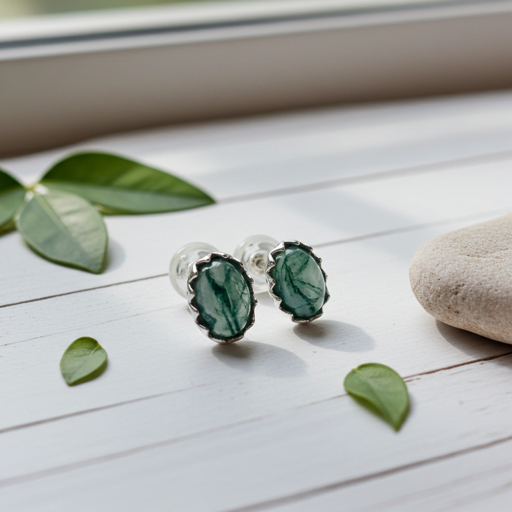 Mistral - Boucles d'oreilles puces minimalistes classiques en agate mousse taille ovale