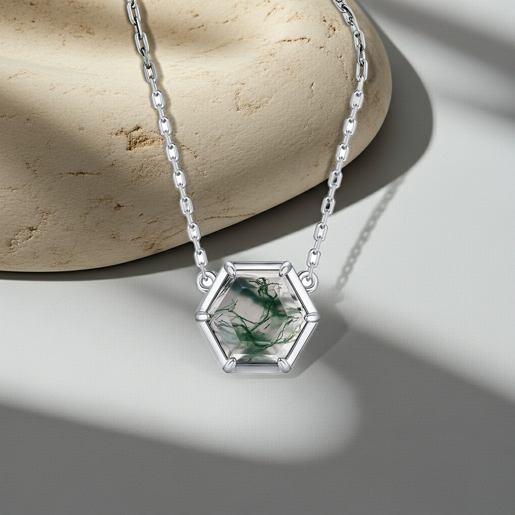 Zephyr - Hexagon Cut Moss Agate Classic Pendant