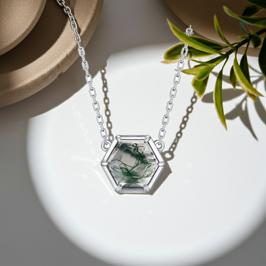 Zephyr - Hexagon Cut Moss Agate Classic Pendant