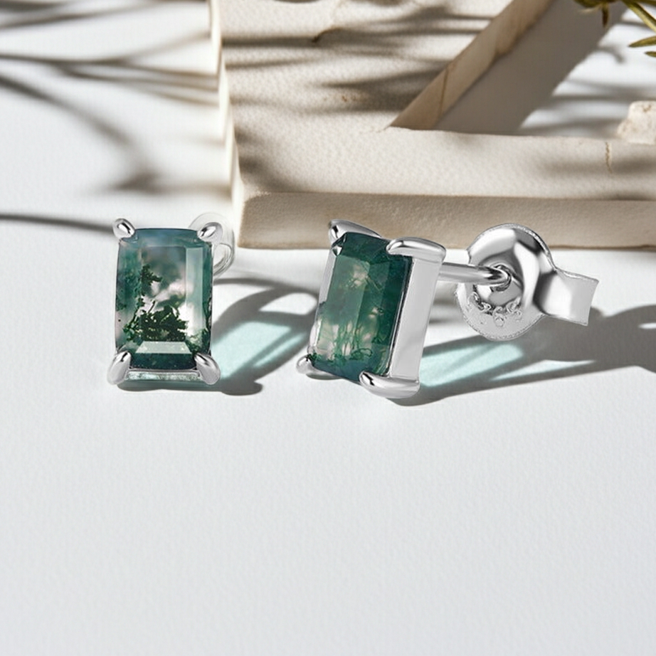 Mossgrove - Boucles d'oreilles solitaires classiques en agate mousse taille émeraude