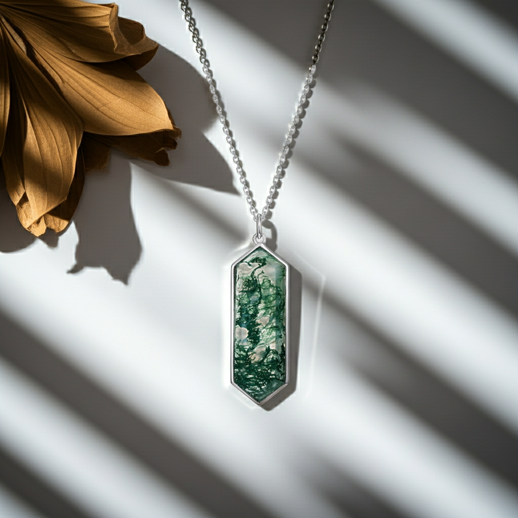 Lagoon - Hexagon Cut Moss Agate Classic Necklace