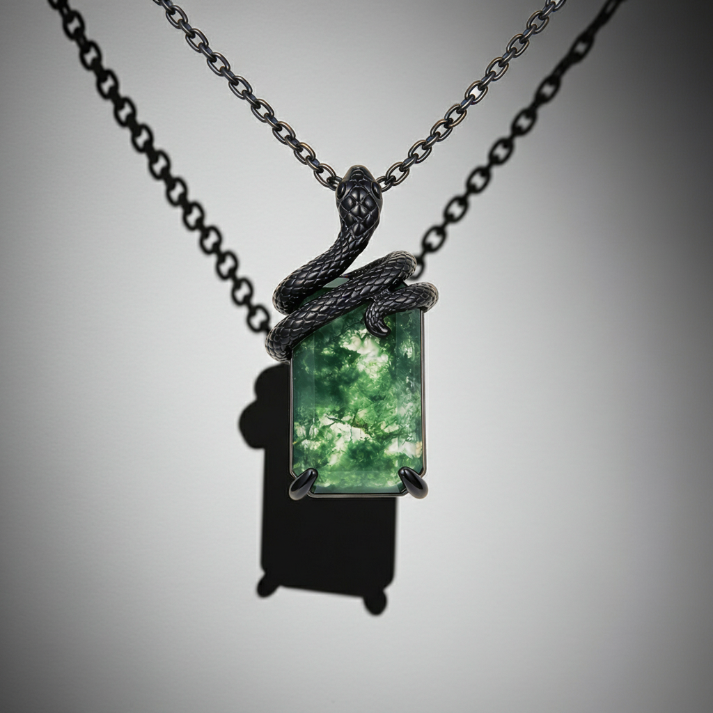 Moss Agate Mystical Serpent Carved Black Gold Gothic Necklace For Girlfriend - "Cloak"