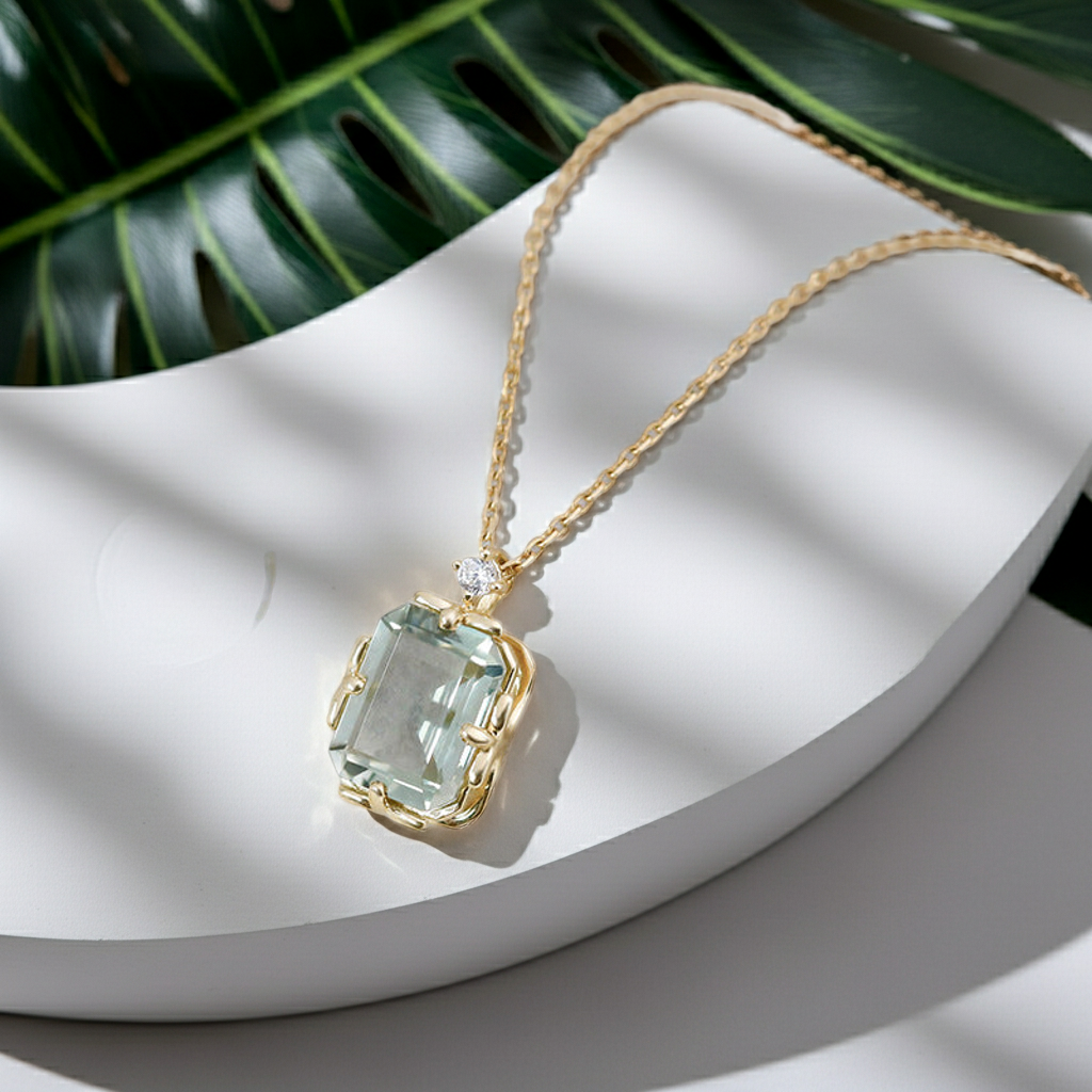 Aquaera - Emerald Cut Natural Green Crystal Minimalist Classic Necklace