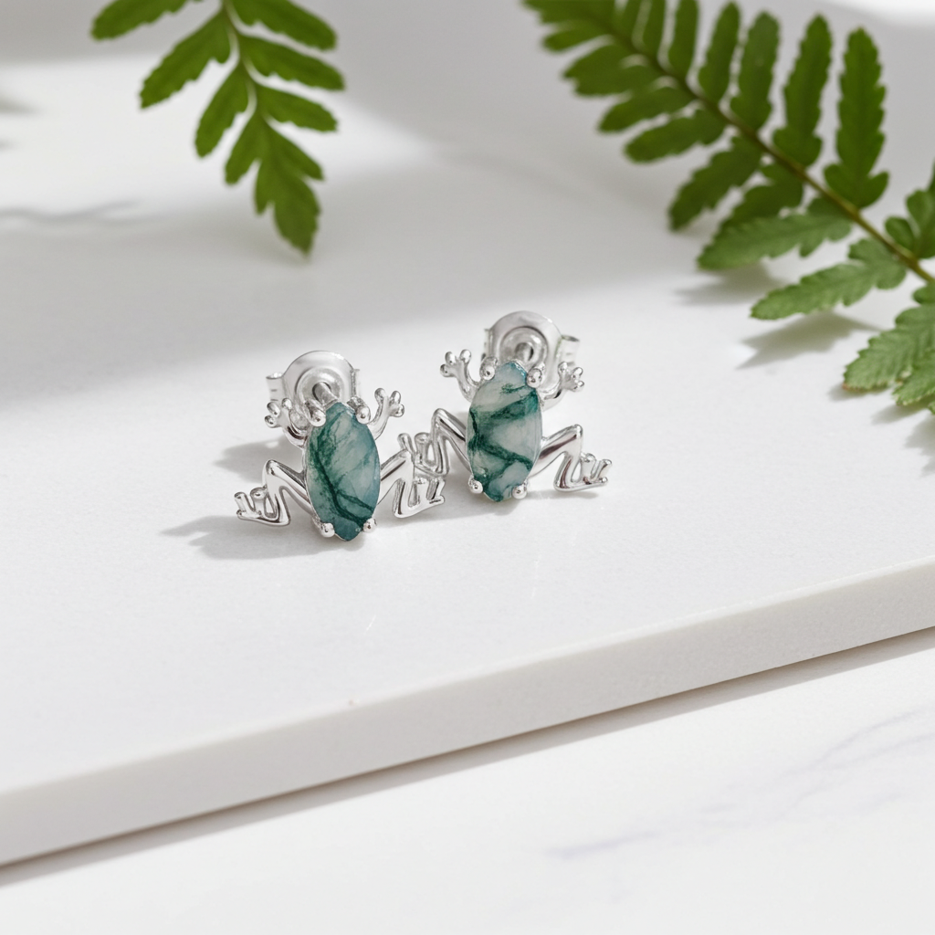 Pondgem - Marquise Cut Moss Agate Frog Unique Stud Earrings
