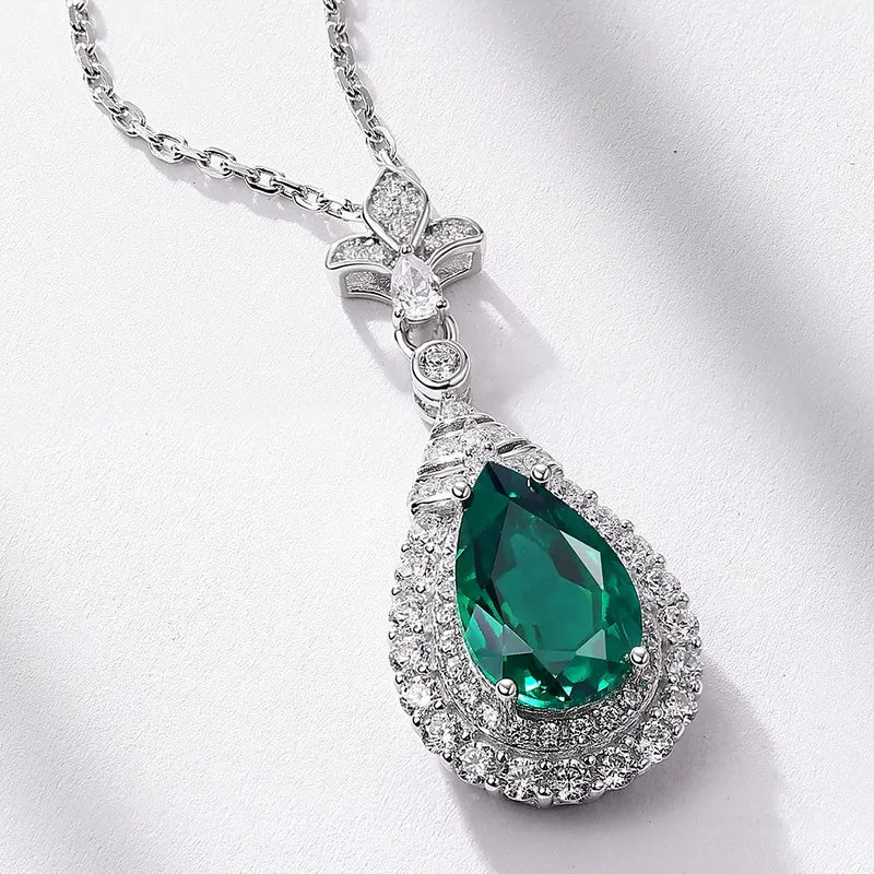 Pear Cut Lab Emerald Halo Pendant