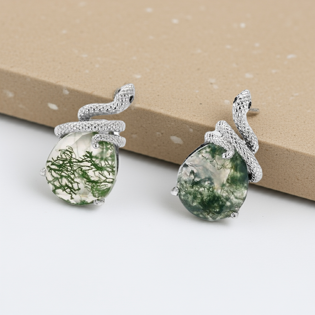 Pear Cut Moss Agate Unique Snake Stud Earrings