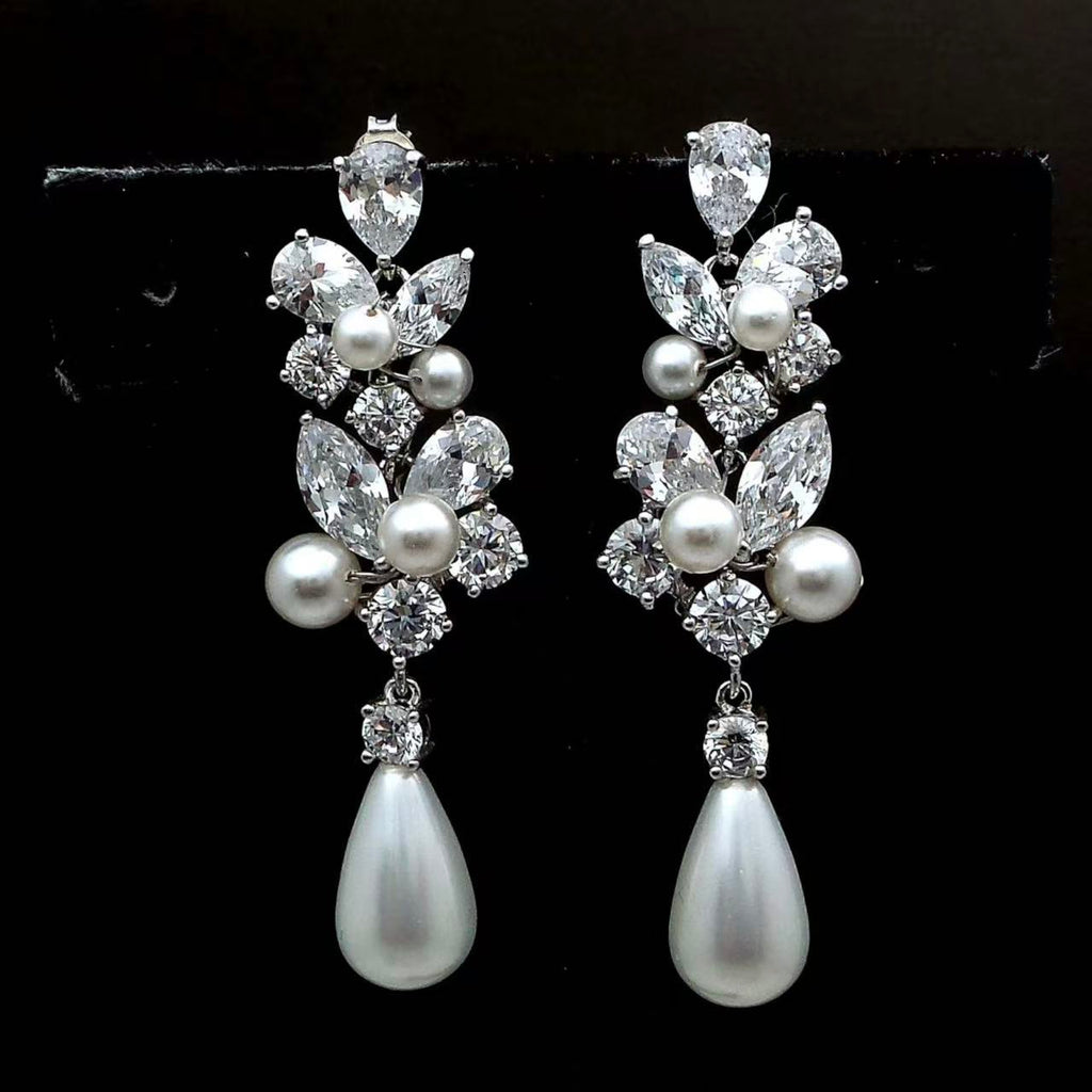 Nivea - Moissanite & Natural Pearl Teardrop Dangle Bridal Wedding Earrings