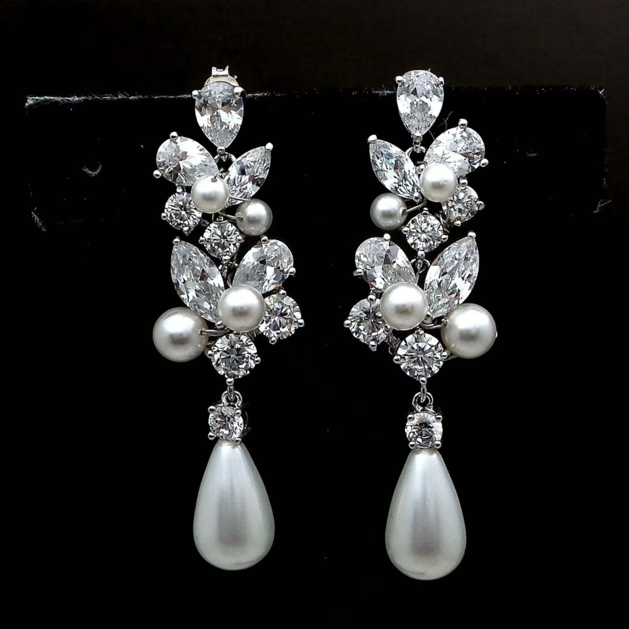 Nivea - Moissanite & Natural Pearl Teardrop Dangle Bridal Wedding Earrings