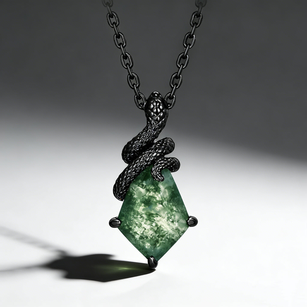 Kite Cut Moss Agate Mystical Serpent Carved Black Gold Gothic Necklace For Girlfriend - "Cloak"