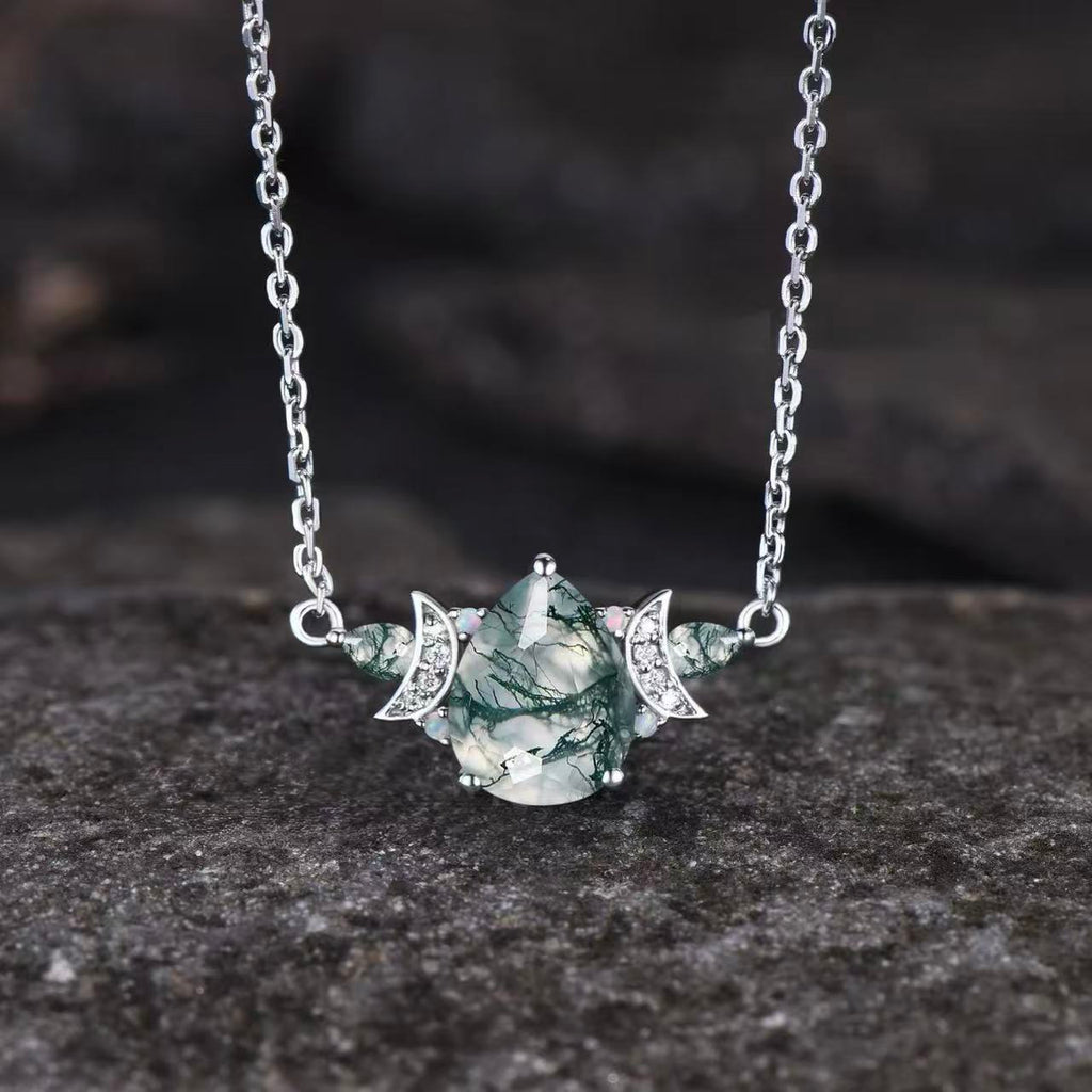 Pear Cut Moss Agate Galaxy Crescent Moon Pendant  - 'Minty'