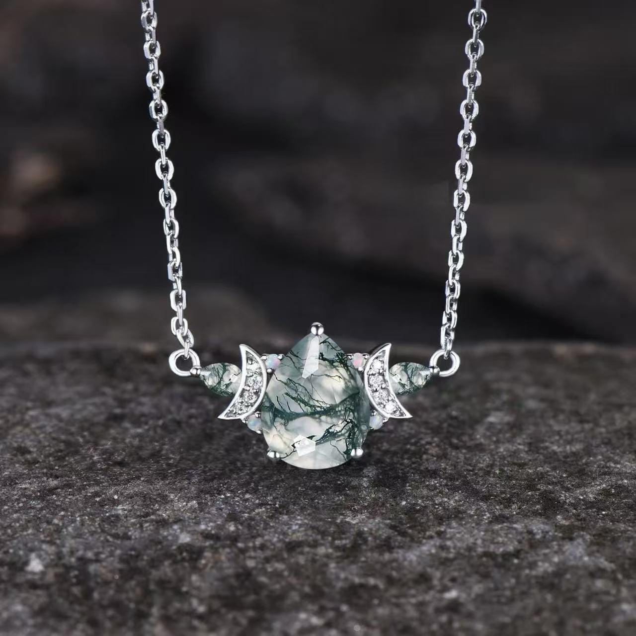 Pear Cut Moss Agate Galaxy Crescent Moon Pendant  - 'Minty'
