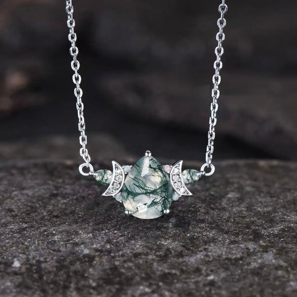 Pear Cut Moss Agate Galaxy Crescent Moon Pendant  - 'Minty'