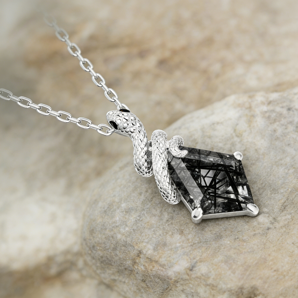 Kite Cut Black Rutilated Quartz Mystical Serpent Carved Nature Inspired Necklace