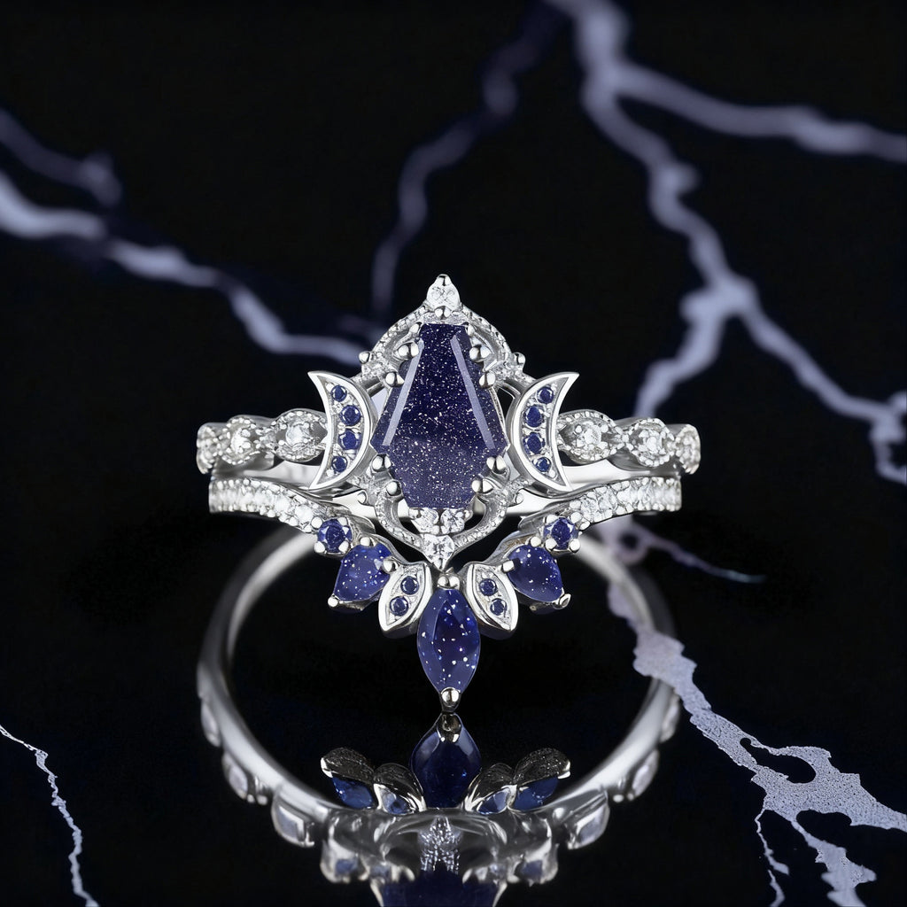 Galaxy Crescent Moon Black Gold Coffin Blue Sandstone Gothic Witchy Engagement Ring Set