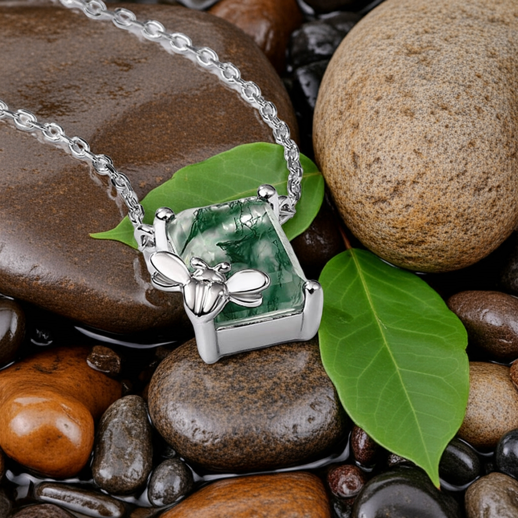 Astra Emerald Cut Moss Agate Nature Necklace