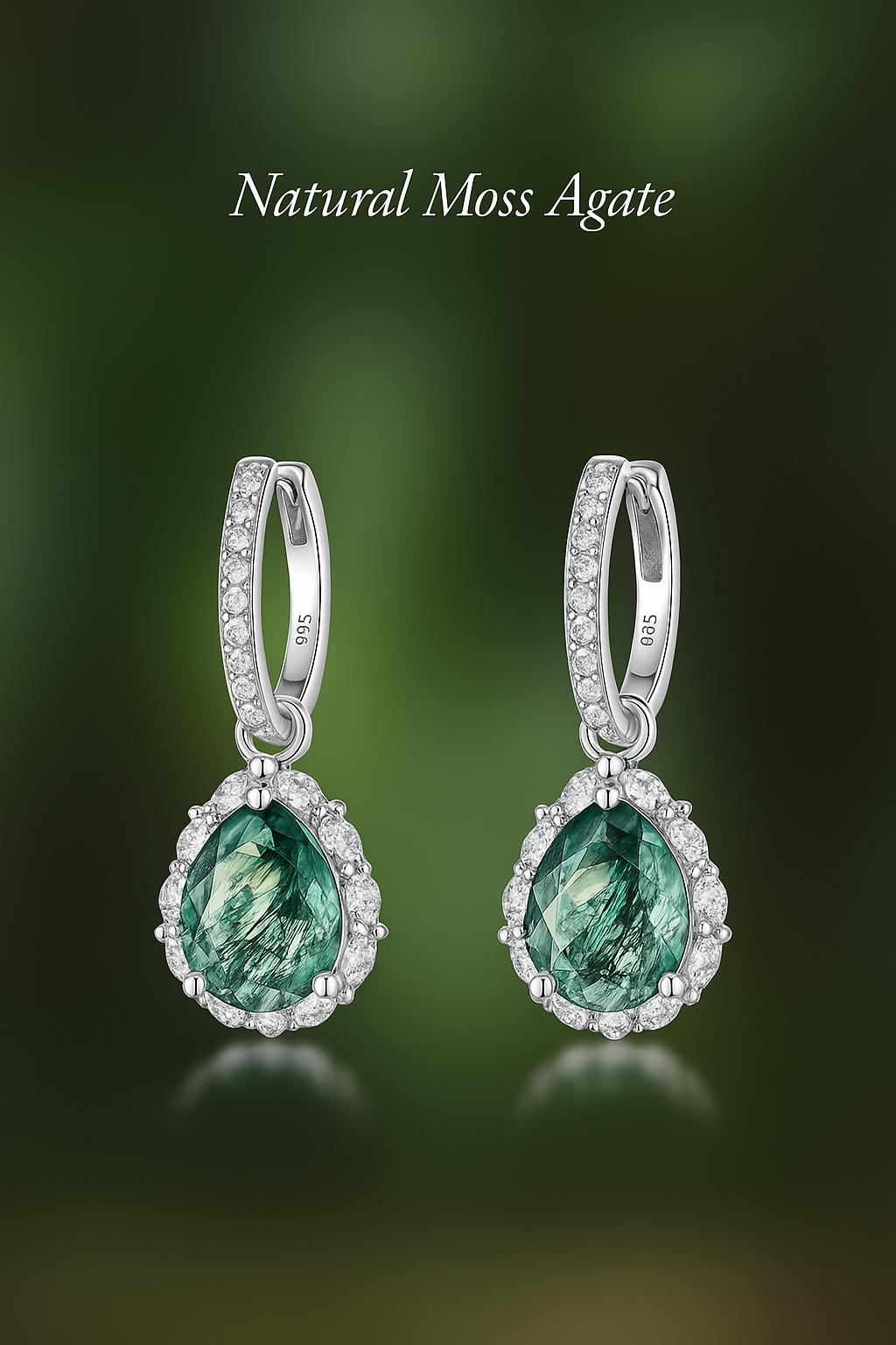 Pear Cut Moss Agate Halo Drop Earrings