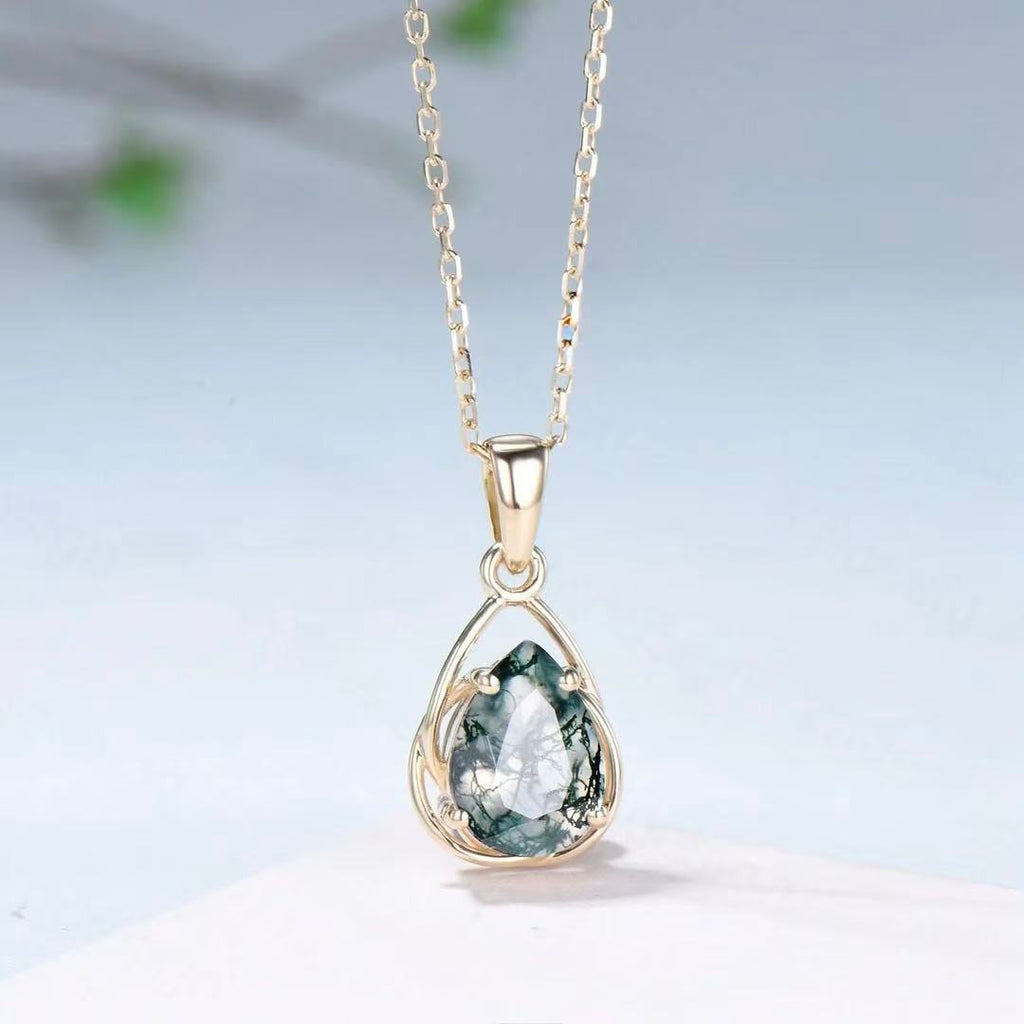 Pear Cut Moss Agate Classic Pendant - 'Millicent'