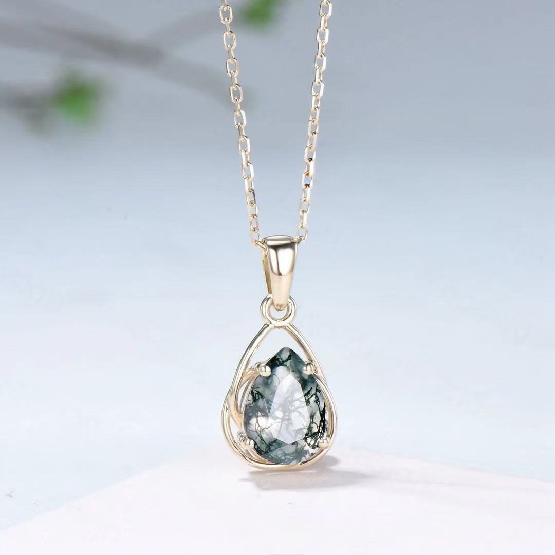 Pear Cut Moss Agate Classic Pendant - 'Millicent'