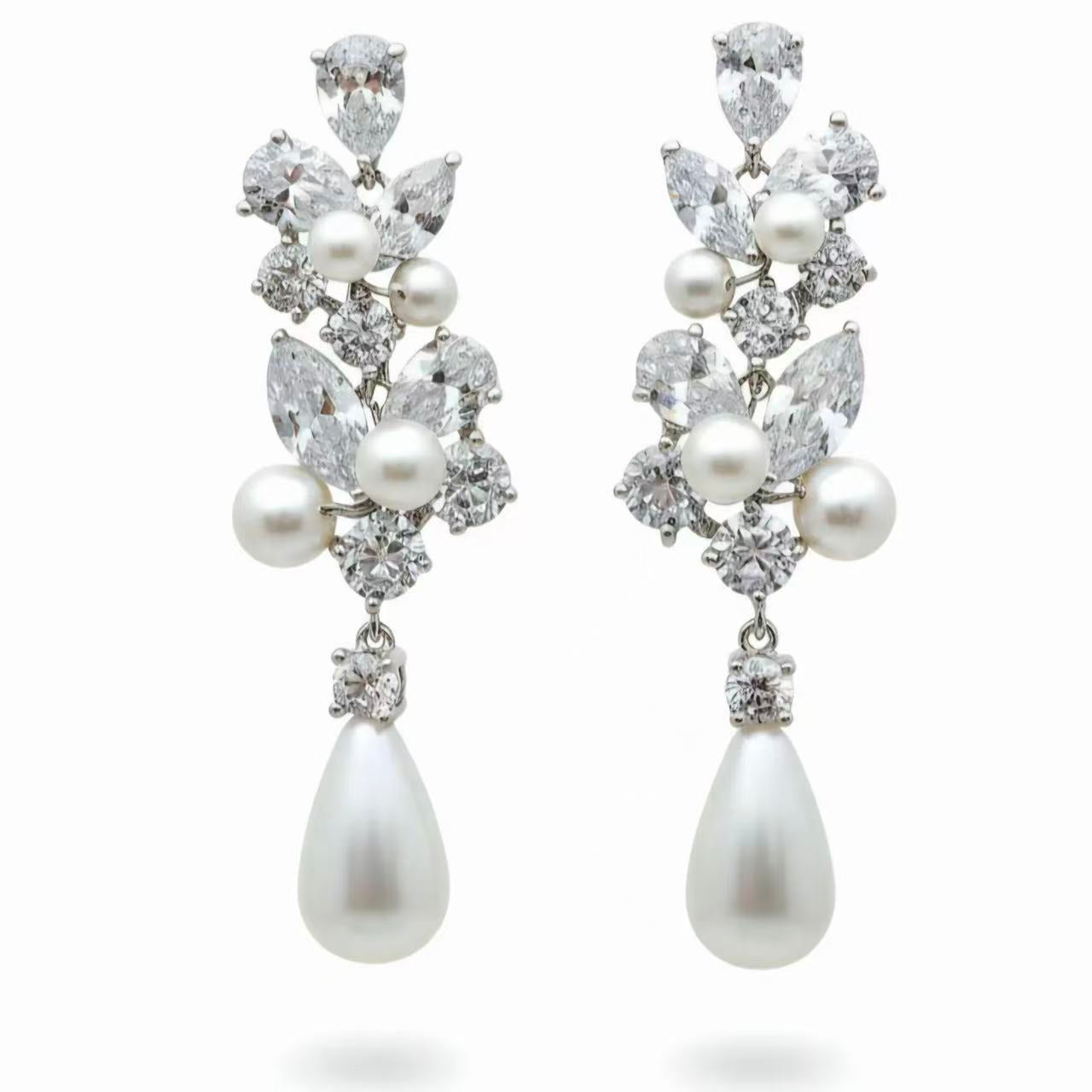 Nivea - Moissanite & Natural Pearl Teardrop Dangle Bridal Wedding Earrings