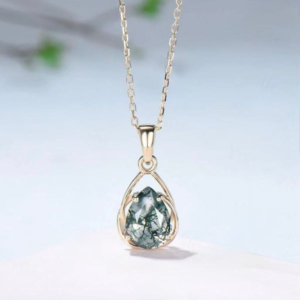 Pear Cut Moss Agate Classic Pendant - 'Millicent'