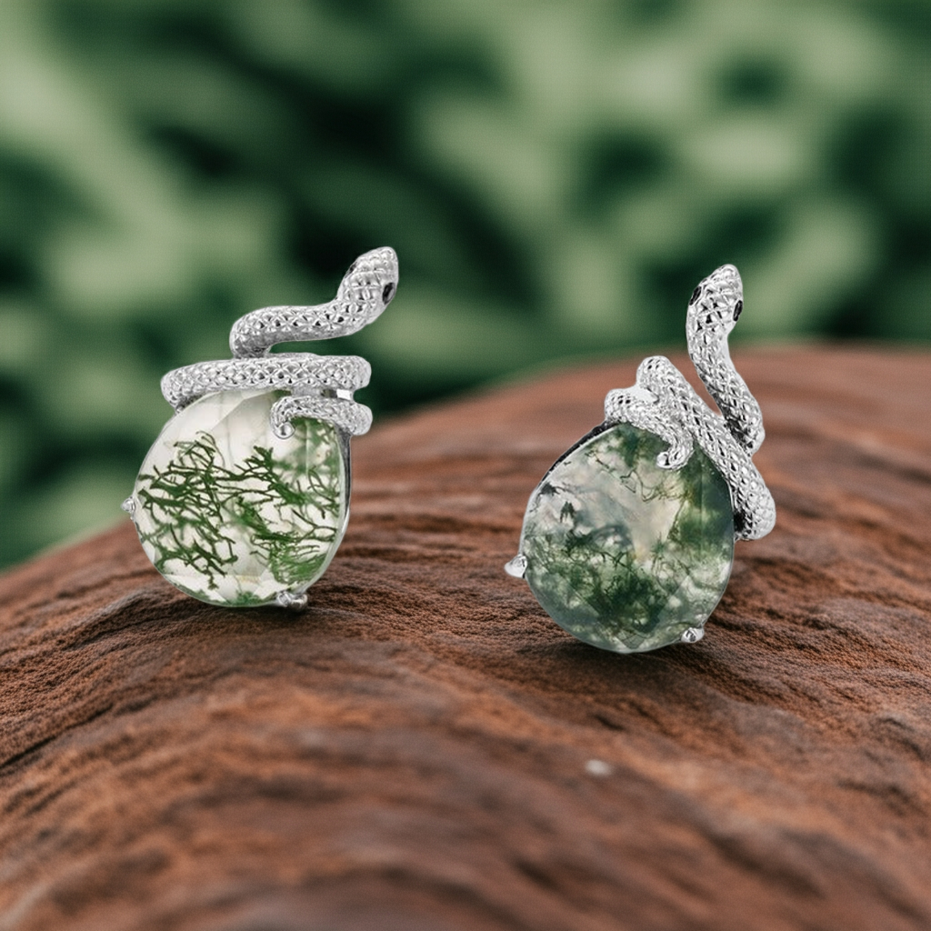 Pear Cut Moss Agate Unique Snake Stud Earrings