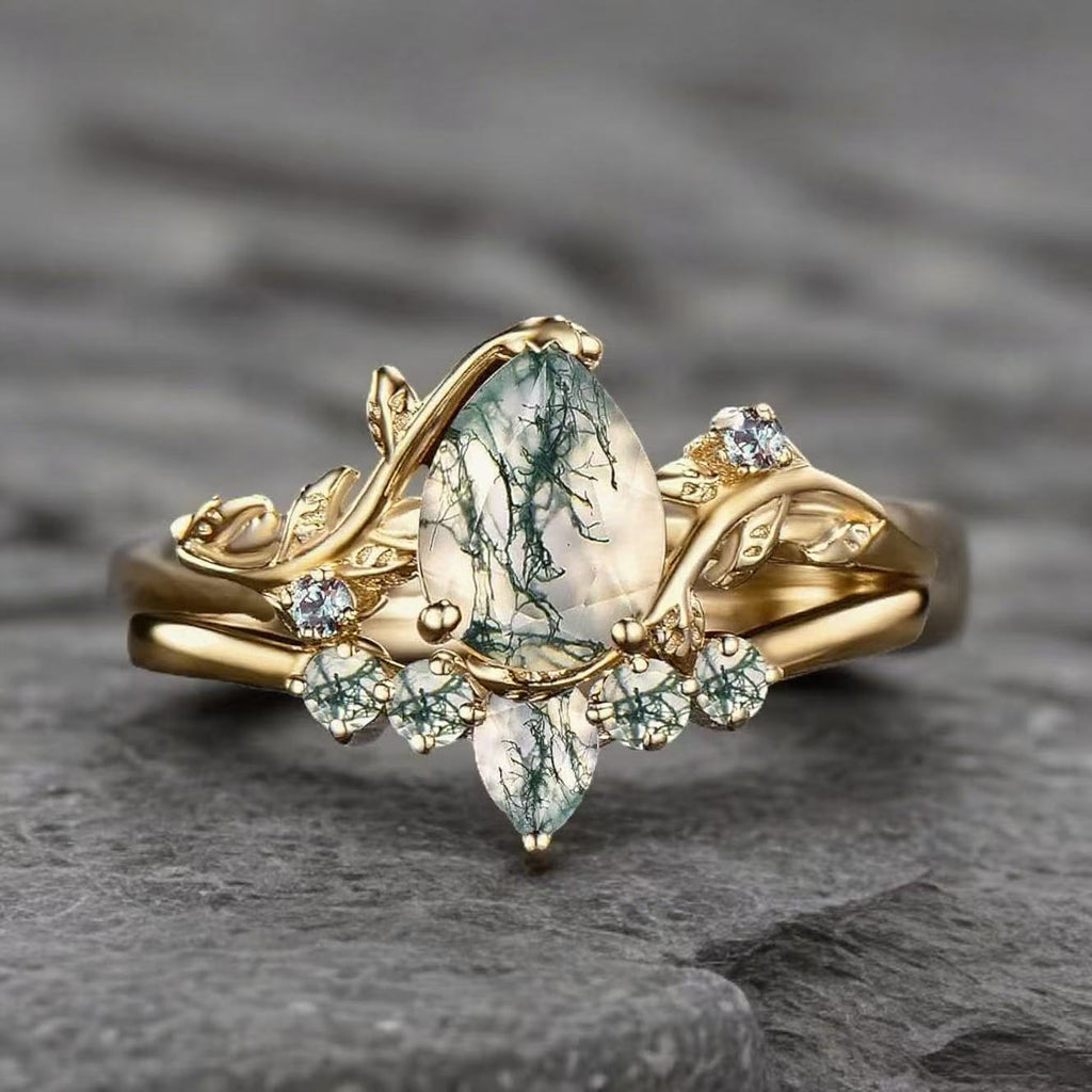 Women Vine Natural Pear Cut Moss Agate Engagement Ring Set