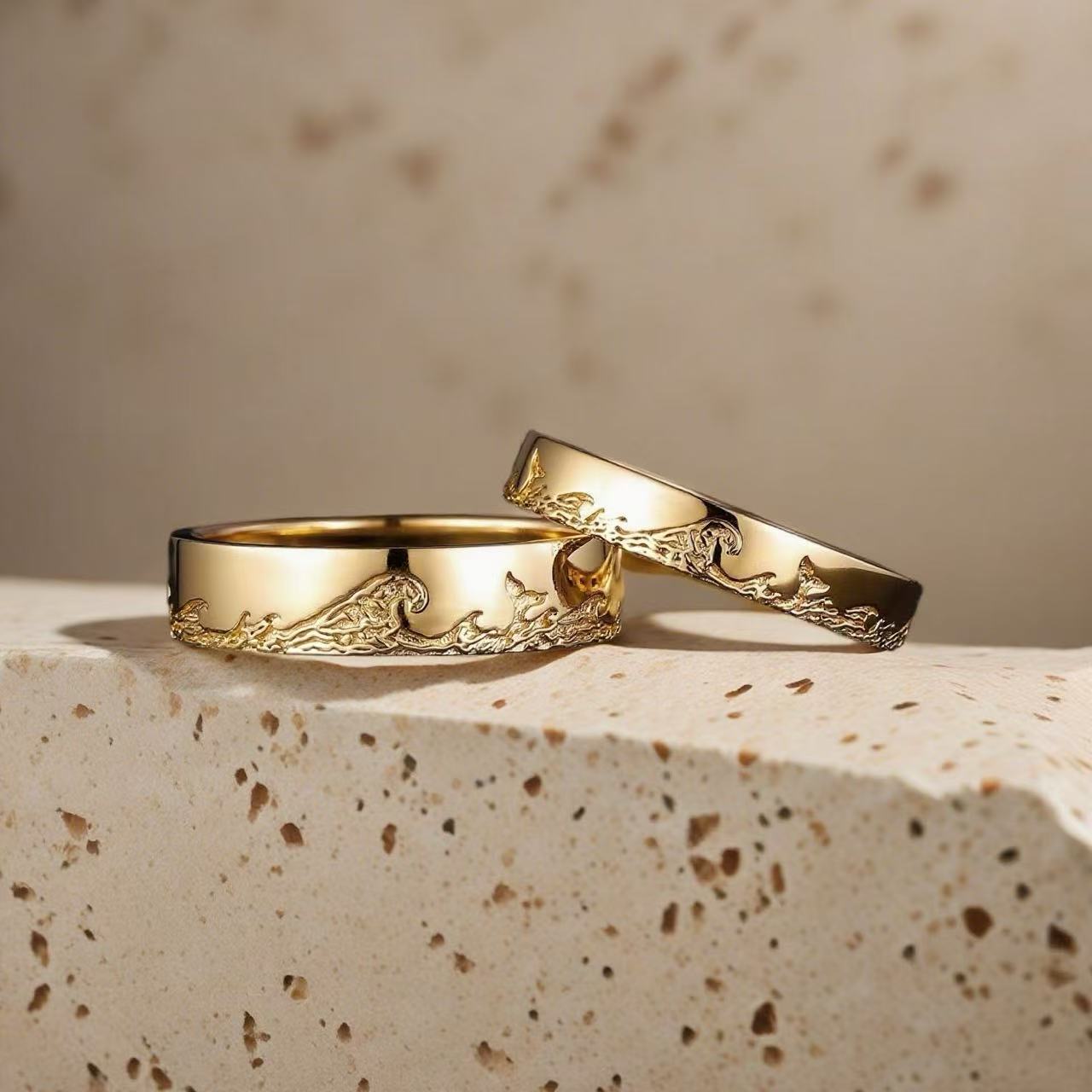 Eternal Waves – Unique His and Hers Rose Gold Ocean Couple Wedding Ring Set