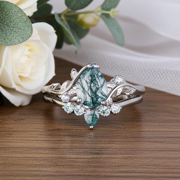 Women Vine Natural Pear Cut Moss Agate Engagement Ring Set