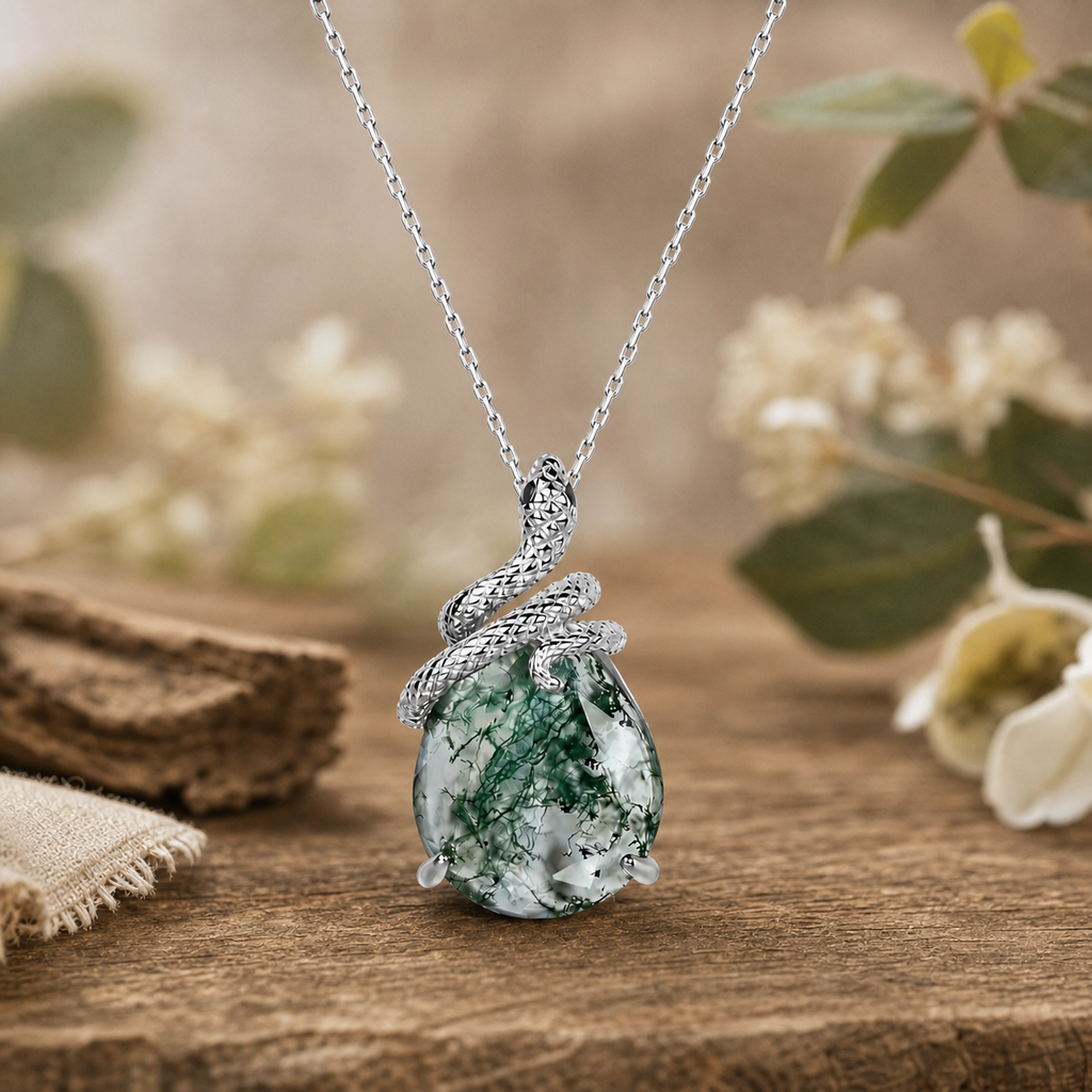 Collier inspiré par la nature, orné d'un serpent mystique sculpté en agate mousse taillée en poire - Serpens