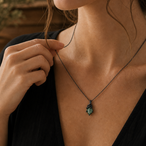 Kite Cut Moss Agate Mystical Serpent Carved Black Gold Gothic Necklace For Girlfriend - "Cloak"
