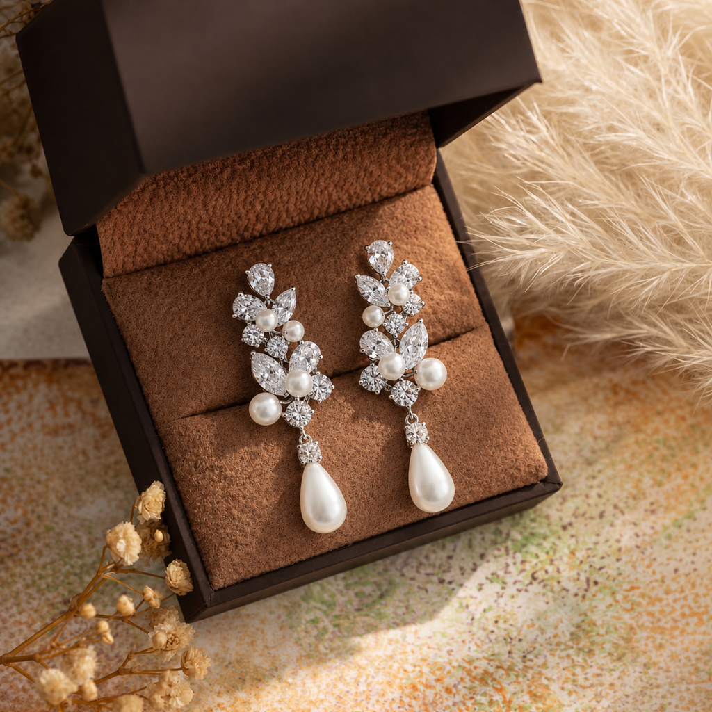 Nivea - Boucles d'oreilles pendantes en forme de larme, en moissanite et perle naturelle, pour mariée ou mariage.