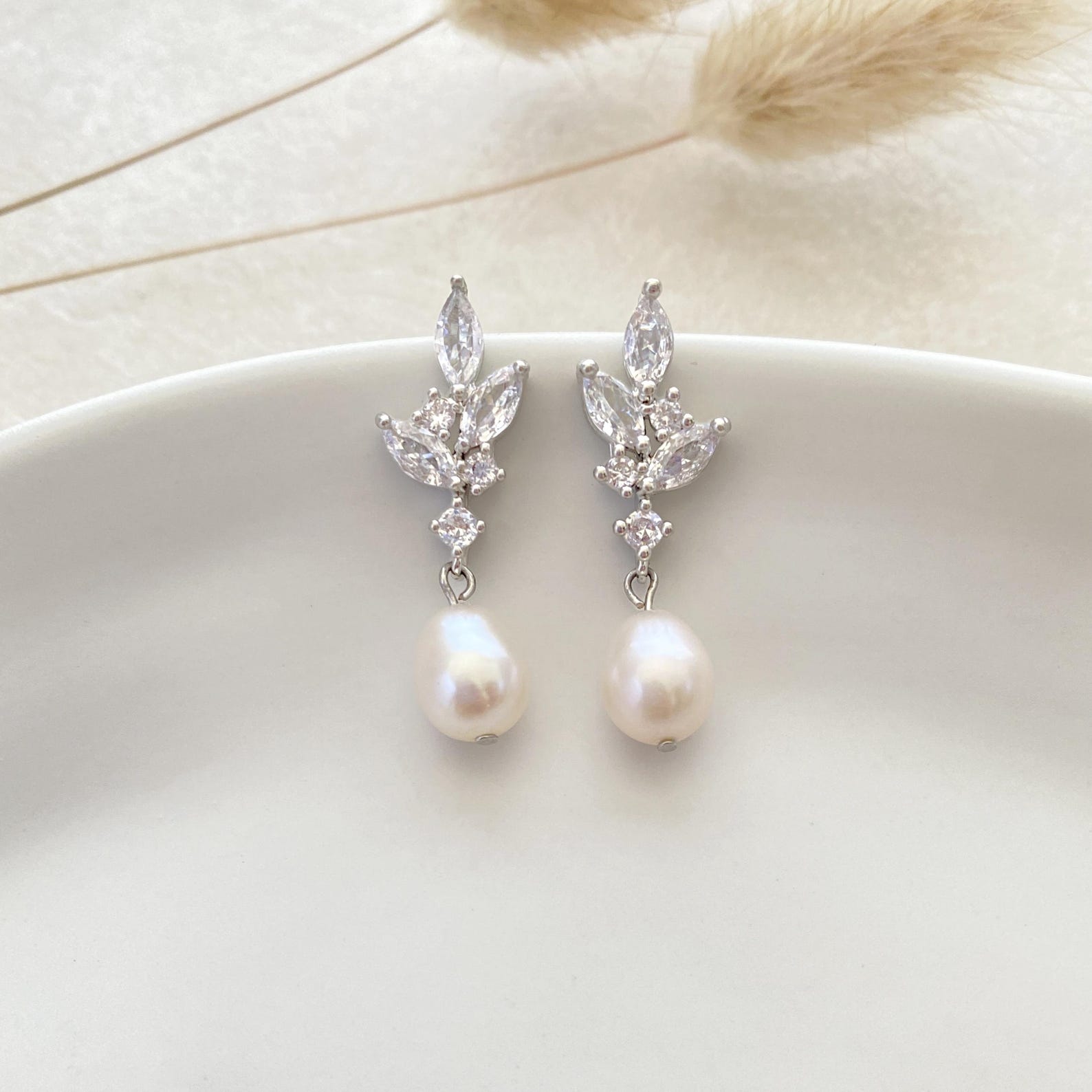 Pear Cut Natural Pearl Drop Earrings, Classic Wedding Earrings