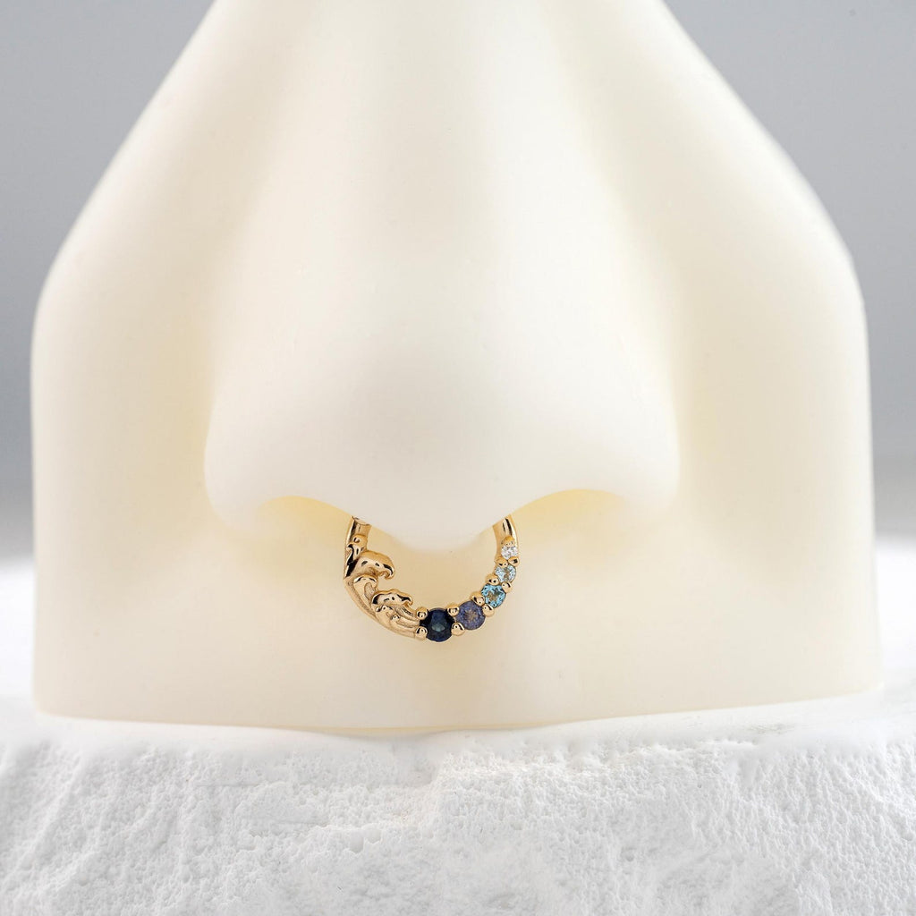 Ocean Wave Round Cut Blue Sapphire & Blue Topaz& Iolite & Moissanite Hoop Septum Ring Nose Ring  Cartilage Daith Earring