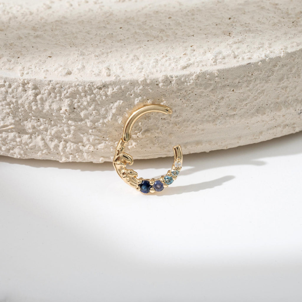 Ocean Wave Round Cut Blue Sapphire & Blue Topaz& Iolite & Moissanite Hoop Septum Ring Nose Ring  Cartilage Daith Earring