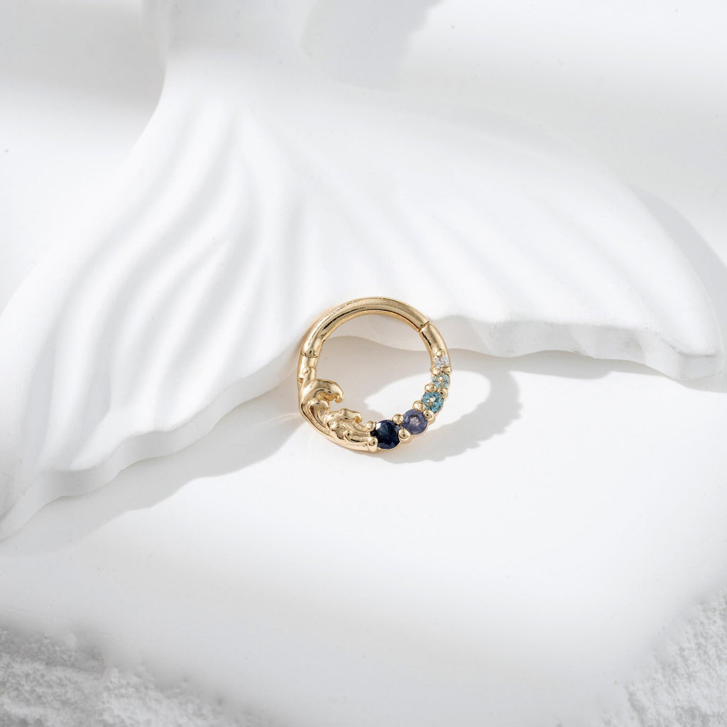 Ocean Wave Round Cut Blue Sapphire & Blue Topaz& Iolite & Moissanite Hoop Septum Ring Nose Ring  Cartilage Daith Earring