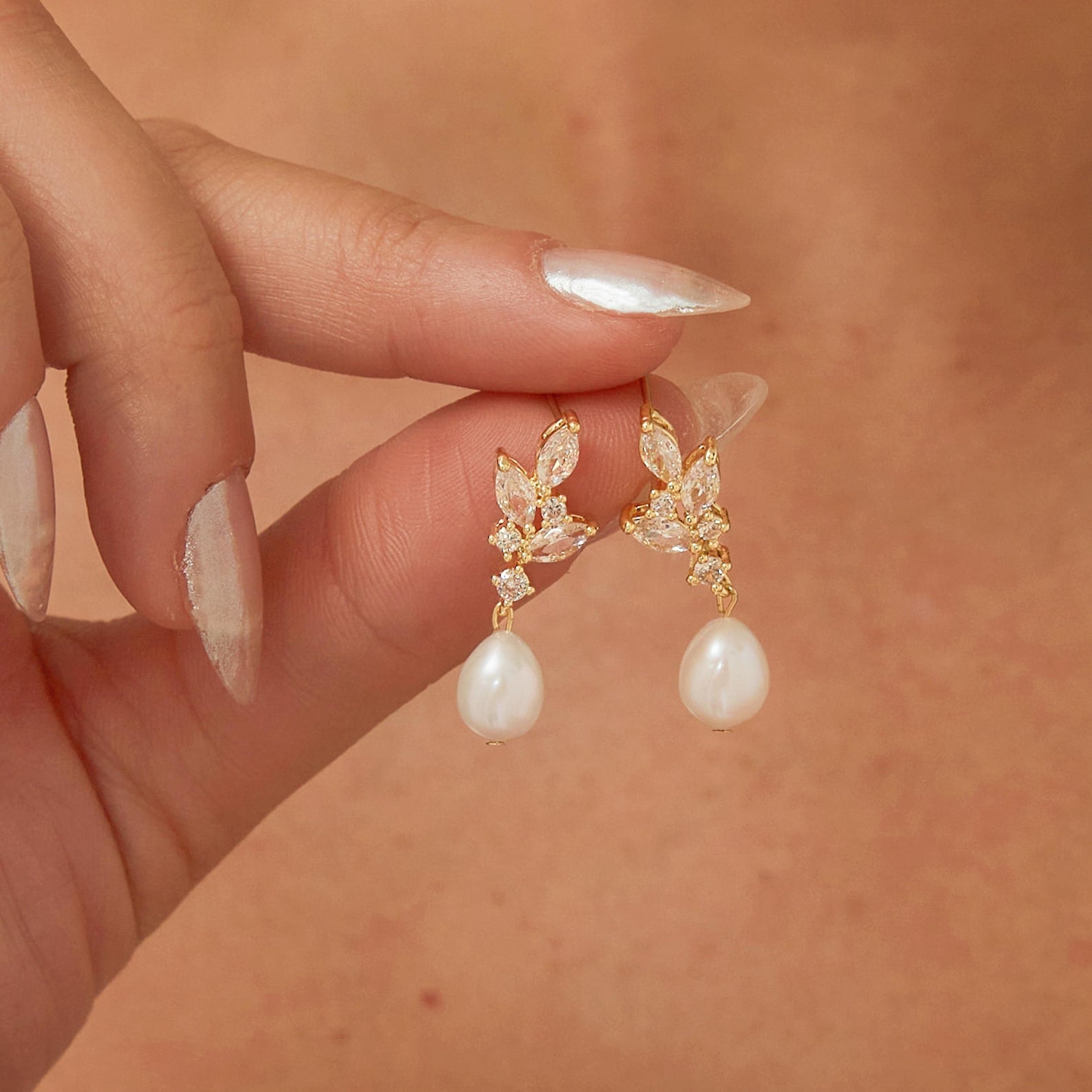 Pear Cut Natural Pearl Drop Earrings, Classic Wedding Earrings