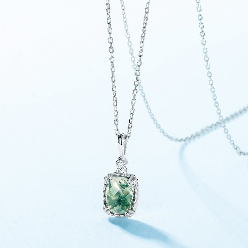 Cushion Cut Moss Agate Vintage Pendant Necklace
