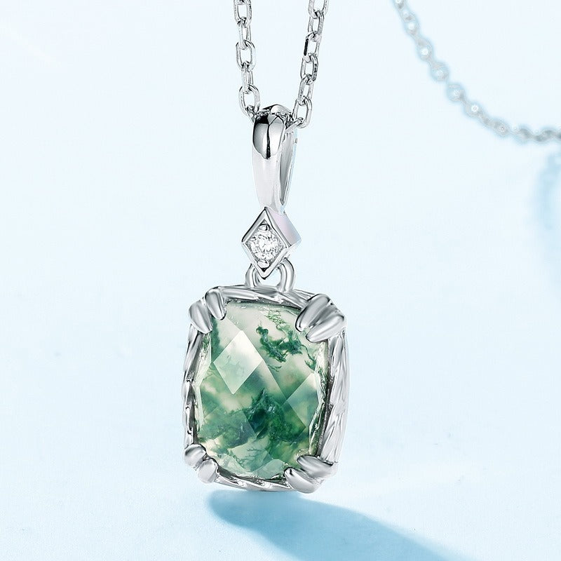 Cushion Cut Moss Agate Vintage Pendant Necklace