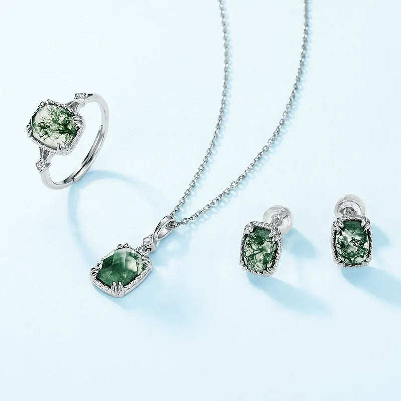 Cushion Cut Moss Agate Vintage Pendant Necklace