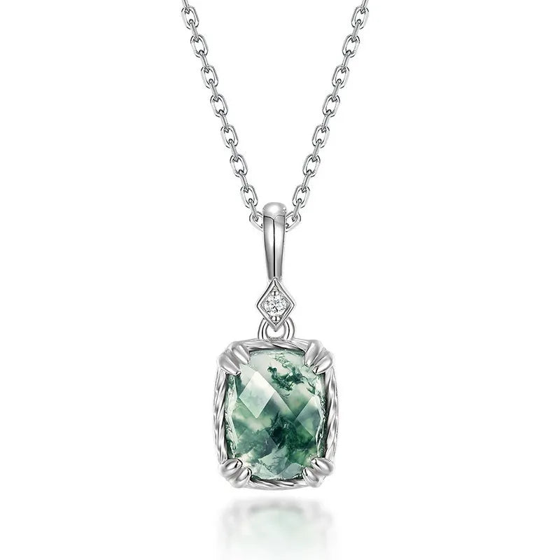 Cushion Cut Moss Agate Vintage Pendant Necklace